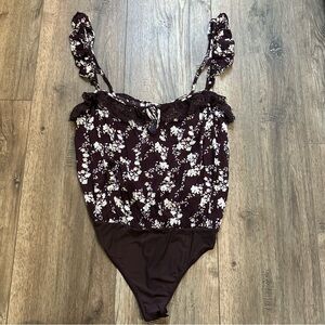 Free People Floral Lace Trim Bodysuit- Burgandy, Romantic, Feminine, Viscose, M